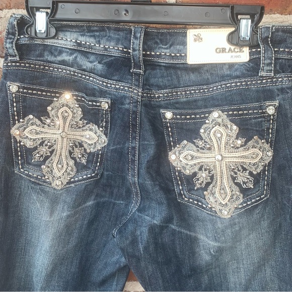 Grace in LA Boot Cut Dark Wash Jeans with Rhinestone Cross on Back Pocket - Picture 9 of 13